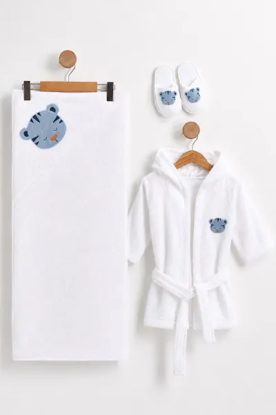 Bebe Mavisi (0-24 Ay) Sevimli Kaplan  Nakışlı Unisex Bebek Bornoz Seti 475601