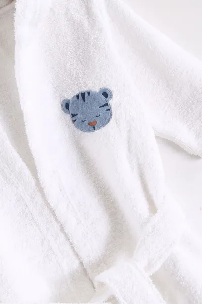 Bebe Mavisi (0-24 Ay) Sevimli Kaplan  Nakışlı Unisex Bebek Bornoz Seti 475601
