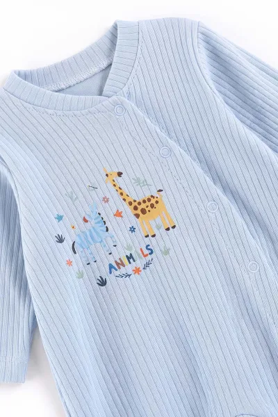 Bebe Mavisi (0-3 Ay) Anımals Baskılı Raporlu ve Şapkalı 2'li Erkek Bebek Tulum 492610