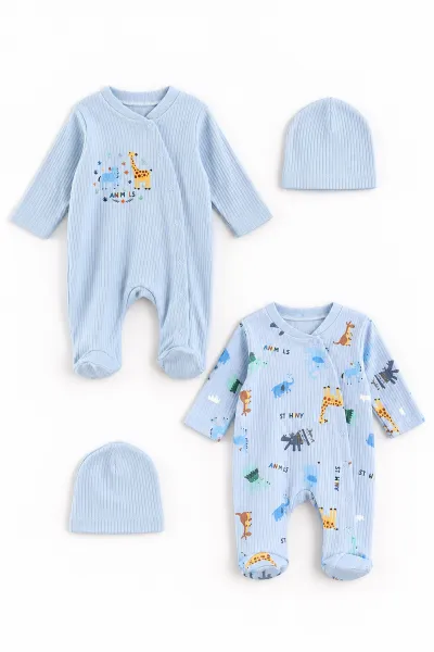 Bebe Mavisi (0-3 Ay) Anımals Baskılı Raporlu ve Şapkalı 2'li Erkek Bebek Tulum 492610