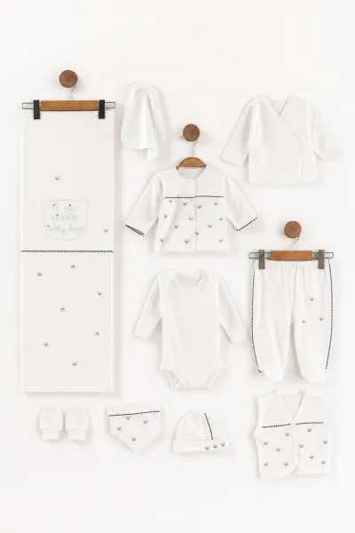 Bebe Mavisi (0-3 Ay) Ayı Kafa Nakışlı 10'lu Erkek Bebek Zıbın Seti 475454