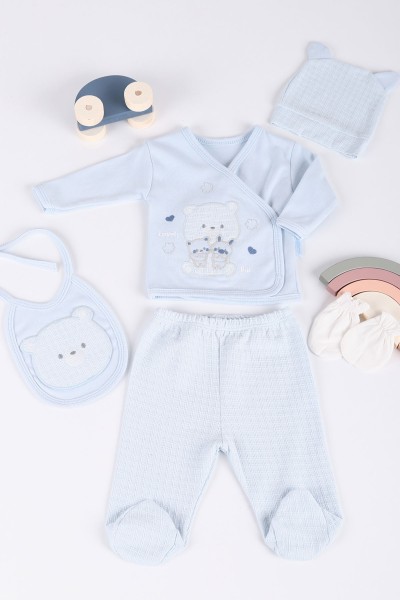 Bebe Mavisi (0-3 Ay) Ayı Nakışlı 5'li Erkek Bebe Takım 219716