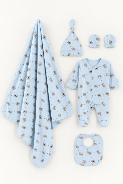 Bebe Mavisi (0-3 Ay) Ayıcık Baskılı Raporlu Battaniyeli Erkek Bebek 5'li Set 487178