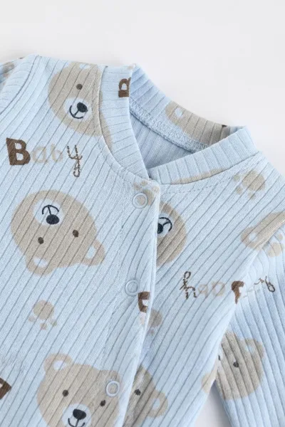 Bebe Mavisi (0-3 Ay) Baby Ayıcık Baskılı Raporlu ve Patikli  2'li Erkek Bebek Tulum 486916