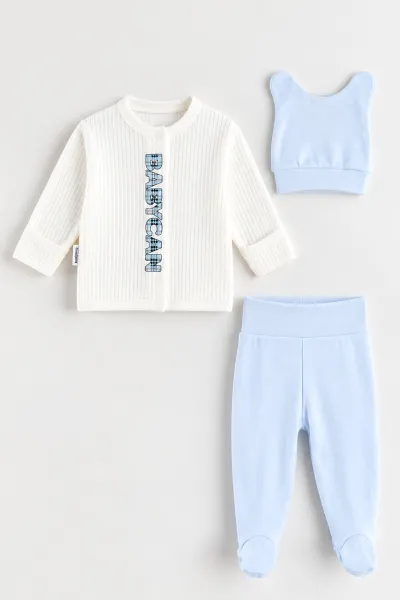 Bebe Mavisi (0-3 Ay) Baskılı Patikli ve Şapkalı Erkek Bebek 3'lü Takım 477141