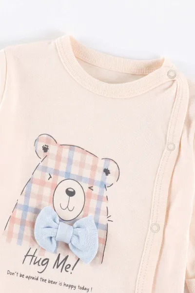 Bebe Mavisi (0-3 Ay) Ekoseli Ayıcık Nakışlı Patikli 3'lü Erkek Bebek Takım 477219