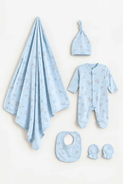 Bebe Mavisi (0-3 Ay) Fil Baskılı Raporlu Battaniyeli Erkek Bebek 5'li Set 487181