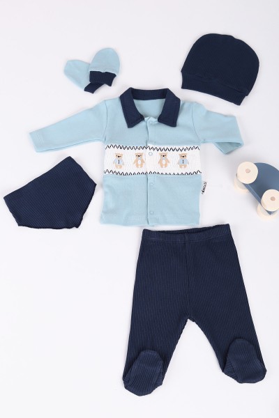 Bebe Mavisi (0-3 Ay) Gömlek Yaka  Nakışlı 5'li Erkek Bebe Takım 219745