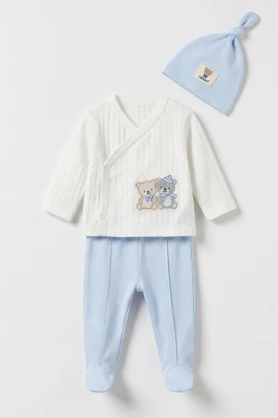 Bebe Mavisi (0-3 Ay) İkiz Ayıcık Nakışlı Şapkalı Bebek Takım 501847