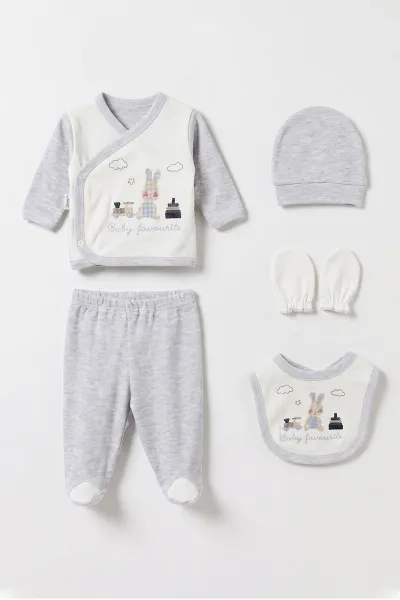 Bebe Mavisi (0-3 Ay) Kanaviçe Tavşan İşlemeli  Yeni Doğan 5'li Erkek Bebek Zıbın Seti 475369