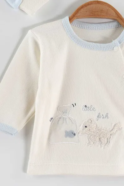 Bebe Mavisi (0-3 Ay) Kedi Nakışlı   10 Parça Kutulu Yeni Doğan Erkek Bebek Zıbın Seti 443596