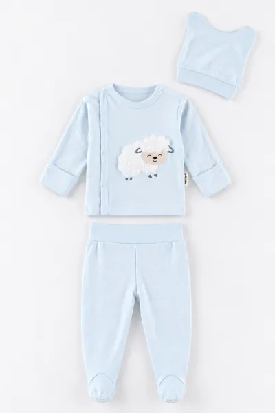 Bebe Mavisi (0-3 Ay) Peluş Kuzu Nakışlı Patikli Yeni Doğan Bebek 3'lü Zıbın Takım 477185
