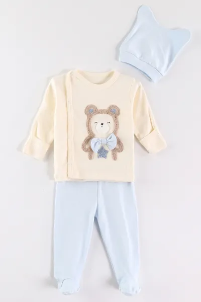 Bebe Mavisi (0-3 Ay) Süzene Ayıcık Nakışlı Patikli 3'lü Erkek Bebek Takım 477121
