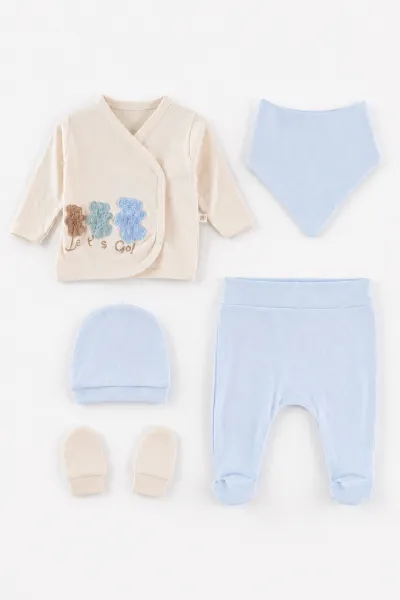 Bebe Mavisi (0-3 Ay)3 Renkli Ayı    Nakışlı  Patikli 5'li Erkek Bebek Takım 479320