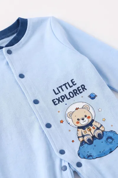 Bebe Mavisi (0-3 Ay)Astronot Ayıcık  Baskılı Patikli Şapkalı Penye 2'li Erkek Bebek Tulum 500357