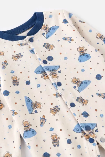 Bebe Mavisi (0-3 Ay)Astronot Ayıcık  Baskılı Patikli Şapkalı Penye 2'li Erkek Bebek Tulum 500357