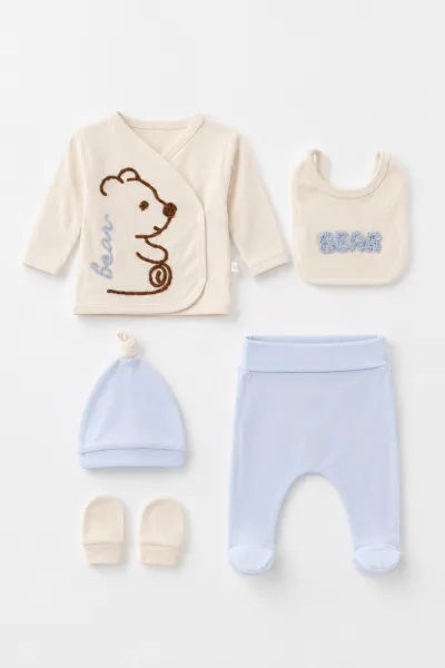 Bebe Mavisi (0-3 Ay)Ayıcık Nakışlı  Patikli 5'li Erkek Bebek Takım 479298