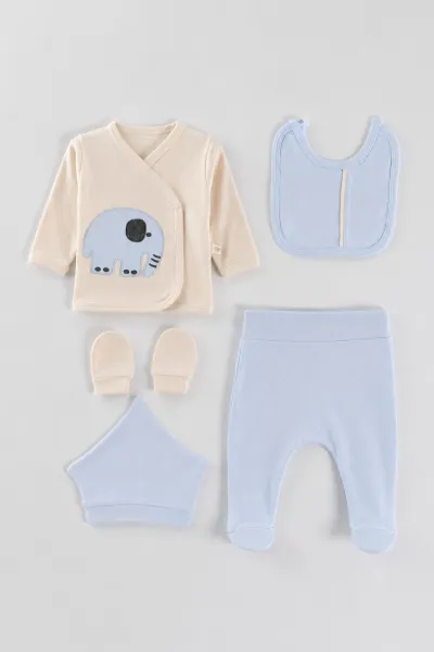 Bebe Mavisi (0-3 Ay)Fil Nakışlı  Patikli 5'li Erkek Bebek Takım 479295
