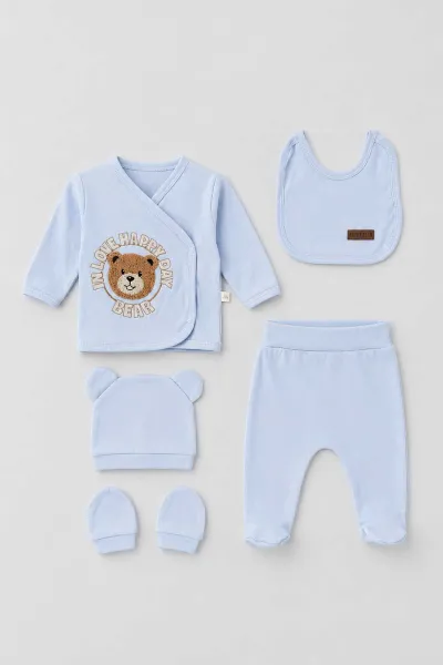 Bebe Mavisi (0-3 Ay)Happy Bear   Nakışlı  Patikli 5'li Erkek Bebek Takım 479312