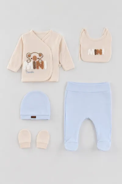 Bebe Mavisi (0-3 Ay)Mn Ayıcık Nakışlı  Patikli 5'li Erkek Bebek Takım 479301