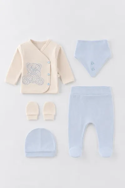 Bebe Mavisi (0-3 Ay)Petekli Ayı  Nakışlı  Patikli 5'li Erkek Bebek Takım 479317