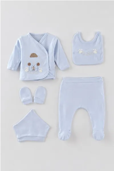 Bebe Mavisi (0-3 Ay)Şapkalı Ayıcık Nakışlı  Patikli 5'li Erkek Bebek Takım 479304