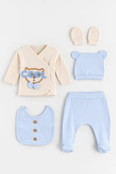 Bebe Mavisi (0-3 Ay)Süzene Cool Nakışlı Papyonlu Patikli 5'li Erkek Bebek Takım 479284