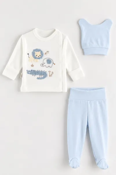 Bebe Mavisi (0-3 Ay)Süzene Sevimli Hayvanlar Nakışlı 3'lü Erkek Bebek Takım 477136
