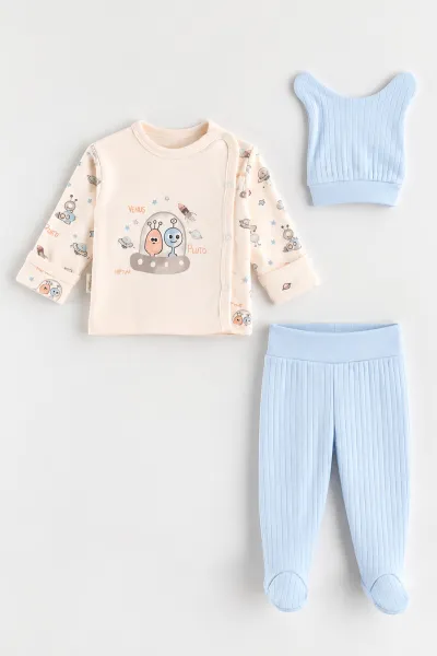 Bebe Mavisi (0-3 Ay)Uzay Baskılı  Patikli  3'lü Erkek Bebek Takım 477139