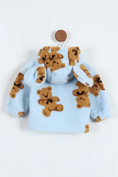 Bebe Mavisi (0-3 Yaş) Ayıcık Baskılı Kapüşonlu Welsoft Polar Bebek-Çocuk Mont 389413