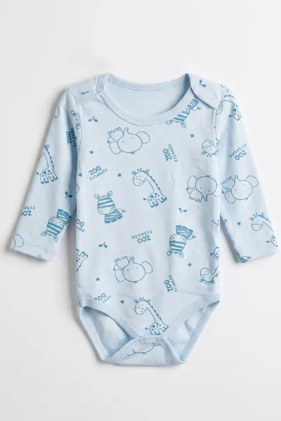 Bebe Mavisi (0-3 Yaş) Safari Desenli Uzun Kol Bebek &Çocuk Çıtçıtlı Badi 482379
