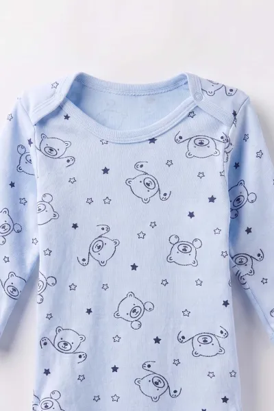 Bebe Mavisi (0-3 Yaş)  Yıldızlı Ayı Desenli Uzun Kol Penye  Bebek &Çocuk Çıtçıtlı Badi 488229