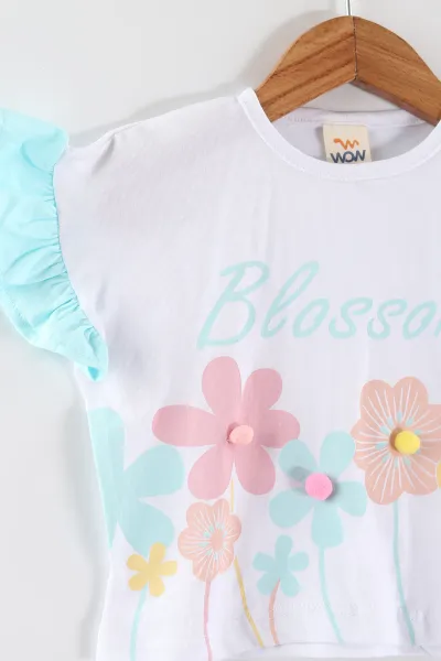 Bebe Mavisi (0-4 Yaş ) Çiçek Baskılı Koldan Fırfırlı Şortlu Süprem Kız Çocuk Yazlık Takım 457630