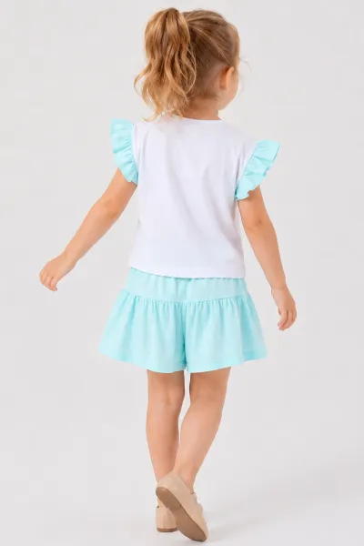 Bebe Mavisi (0-4 Yaş ) Çiçek Baskılı Koldan Fırfırlı Şortlu Süprem Kız Çocuk Yazlık Takım 457630