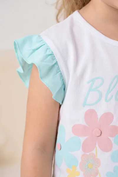 Bebe Mavisi (0-4 Yaş ) Çiçek Baskılı Koldan Fırfırlı Şortlu Süprem Kız Çocuk Yazlık Takım 457630