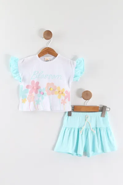 Bebe Mavisi (0-4 Yaş ) Çiçek Baskılı Koldan Fırfırlı Şortlu Süprem Kız Çocuk Yazlık Takım 457630