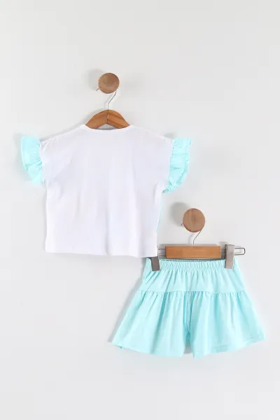 Bebe Mavisi (0-4 Yaş ) Çiçek Baskılı Koldan Fırfırlı Şortlu Süprem Kız Çocuk Yazlık Takım 457630
