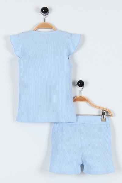 Bebe Mavisi (0-4 Yaş) Fiyonklu Fitilli Yaka Cep Detaylı Şortlu Kız Bebe Takım 184806