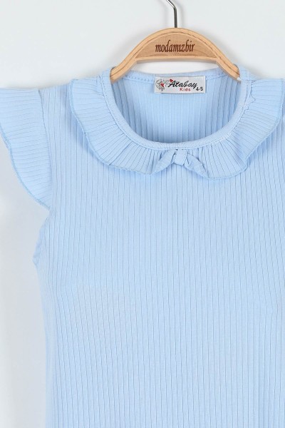 Bebe Mavisi (0-4 Yaş) Fiyonklu Fitilli Yaka Cep Detaylı Şortlu Kız Bebe Takım 184806