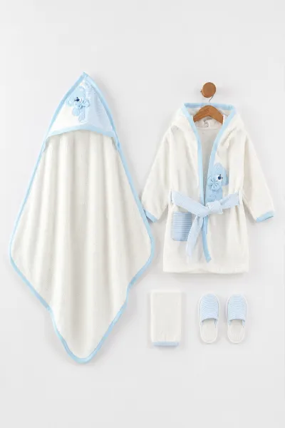 Bebe Mavisi (0-6 Ay)  4 Parça Ayıcık Nakışlı Erkek  Bebek Kutulu  Bornoz Seti 476644