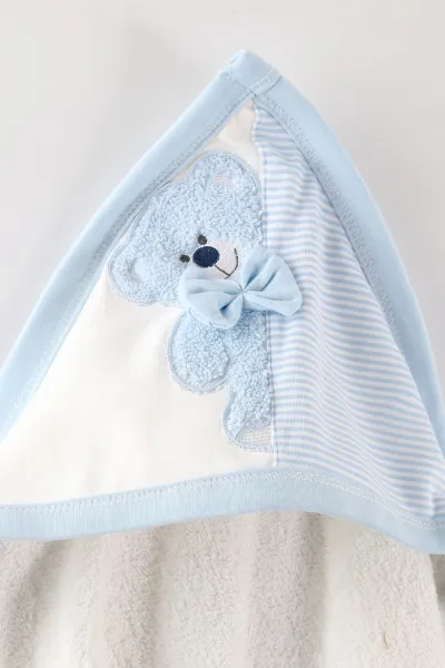 Bebe Mavisi (0-6 Ay)  4 Parça Ayıcık Nakışlı Erkek  Bebek Kutulu  Bornoz Seti 476644