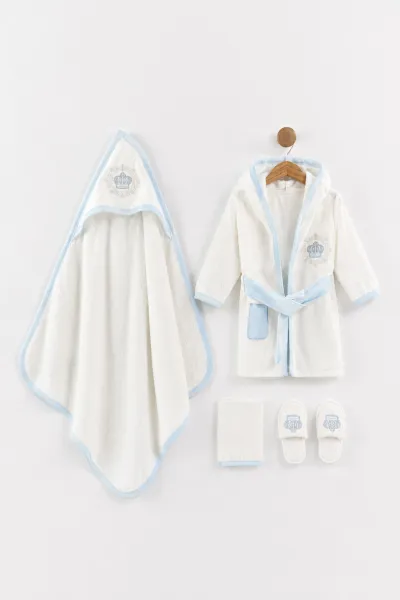 Bebe Mavisi (0-6 Ay) 4 Parça Taç  Nakışlı   Bebek Kutulu Bornoz Seti 476656