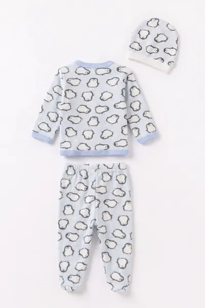 Bebe Mavisi (0-6 Ay) Penguen Baskılı Patikli Şapkalı Bebek Zıbın Seti 477328