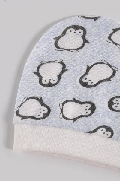Bebe Mavisi (0-6 Ay) Penguen Baskılı Patikli Şapkalı Bebek Zıbın Seti 477328