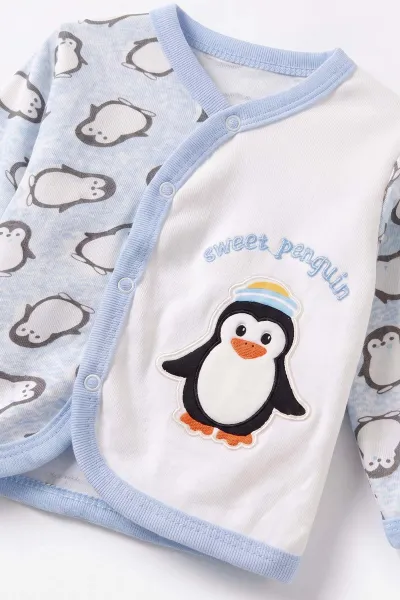 Bebe Mavisi (0-6 Ay) Penguen Baskılı Patikli Şapkalı Bebek Zıbın Seti 477328