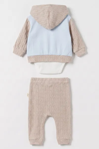 Bebe Mavisi (0-9 Ay) Ayıcık Baskılı Kapüşonlu Hırkalı Erkek Bebek 3'lü Takım 477028