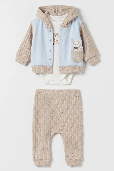 Bebe Mavisi (0-9 Ay) Ayıcık Baskılı Kapüşonlu Hırkalı Erkek Bebek 3'lü Takım 477028