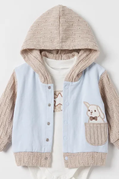 Bebe Mavisi (0-9 Ay) Ayıcık Baskılı Kapüşonlu Hırkalı Erkek Bebek 3'lü Takım 477028