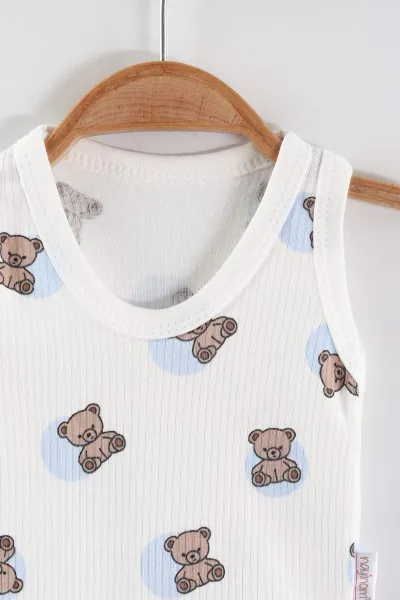 Bebe Mavisi (0-9 Ay) Ayıcık Baskılı Puantiye Desen Unisex Bebek Çıtçıtlı Badi 441439