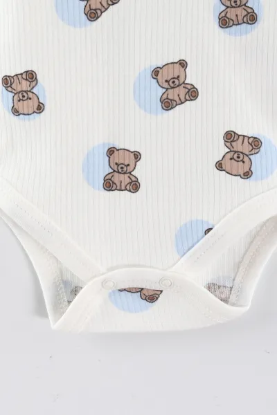 Bebe Mavisi (0-9 Ay) Ayıcık Baskılı Puantiye Desen Unisex Bebek Çıtçıtlı Badi 441439